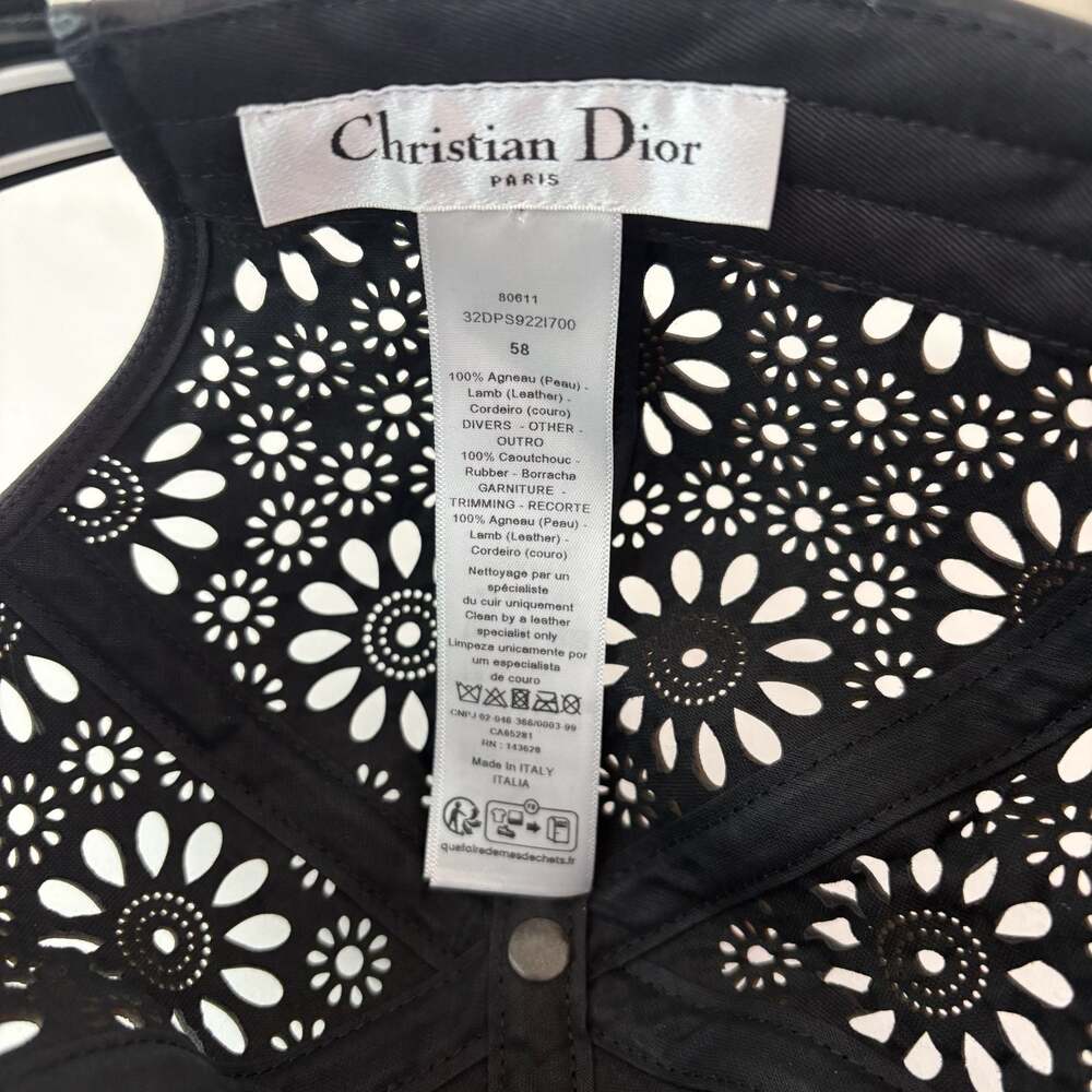 Christian Dior Black Lambskin Leather Laser Cut Floral Hat Size 57 Small - Picture 7 of 10